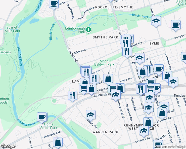 map of restaurants, bars, coffee shops, grocery stores, and more near 75 Eileen Avenue in Toronto