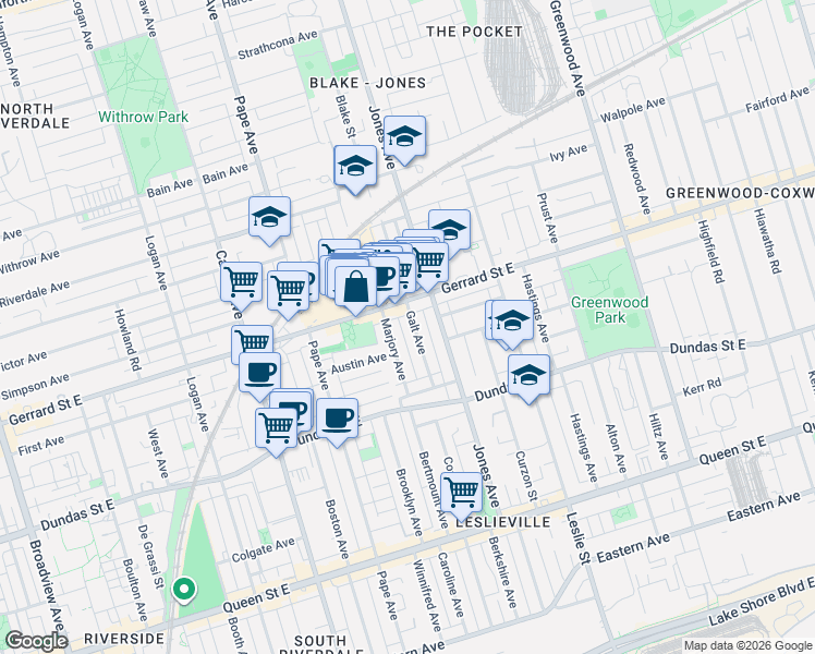 map of restaurants, bars, coffee shops, grocery stores, and more near 64 Galt Avenue in Toronto