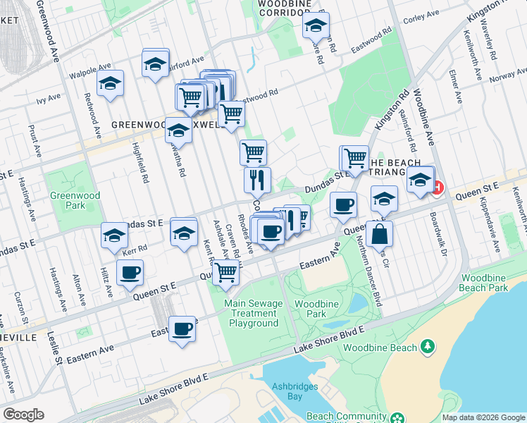 map of restaurants, bars, coffee shops, grocery stores, and more near 57 Coxwell Avenue in Toronto