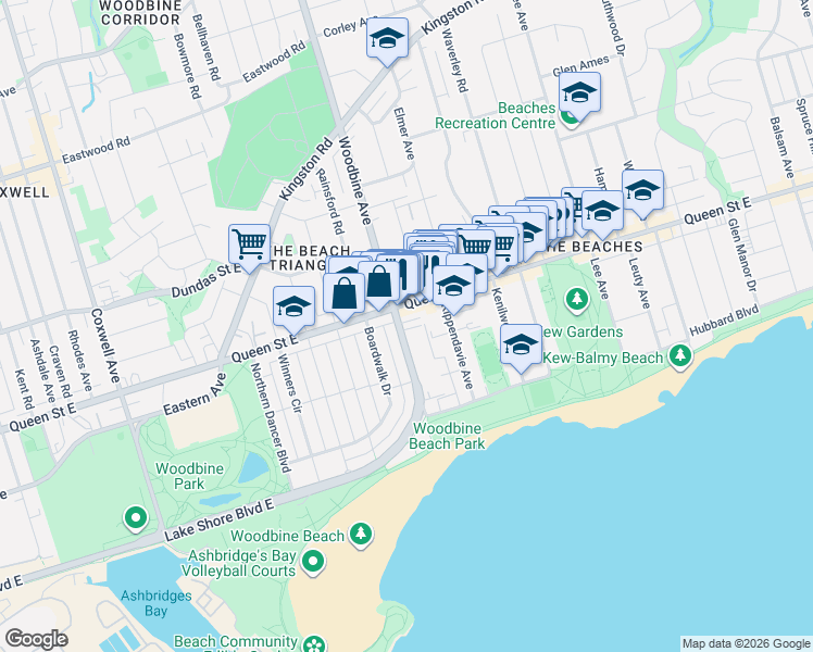 map of restaurants, bars, coffee shops, grocery stores, and more near 155 Woodbine Avenue in Toronto