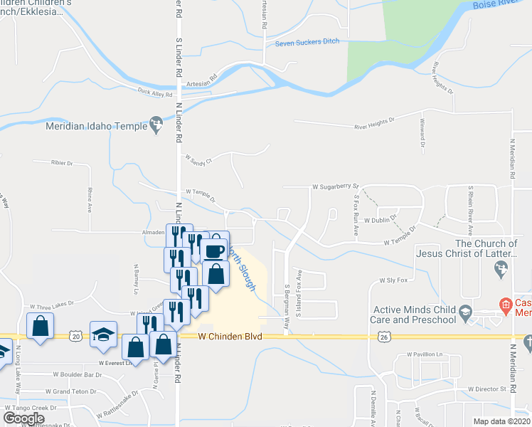 map of restaurants, bars, coffee shops, grocery stores, and more near 4512 West Temple Drive in Meridian