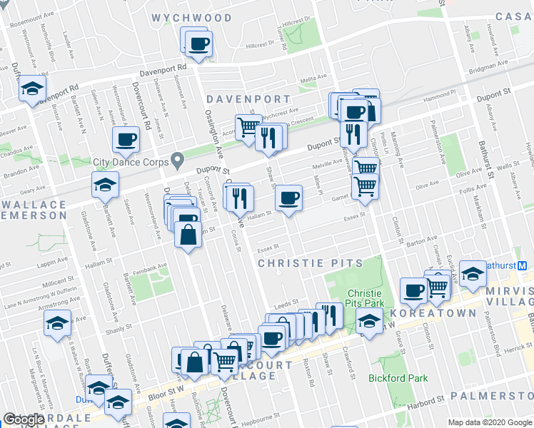 map of restaurants, bars, coffee shops, grocery stores, and more near 19 Hallam Street in Toronto