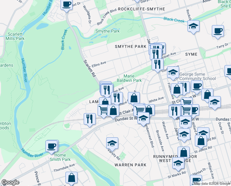map of restaurants, bars, coffee shops, grocery stores, and more near 75 Eileen Avenue in Toronto