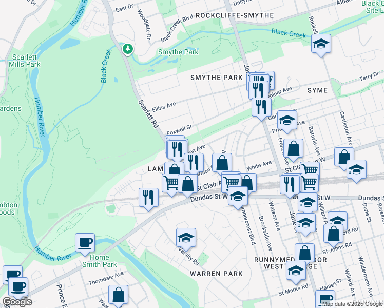 map of restaurants, bars, coffee shops, grocery stores, and more near 75 Eileen Avenue in Toronto