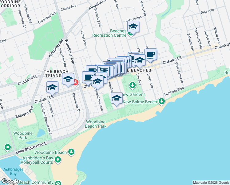 map of restaurants, bars, coffee shops, grocery stores, and more near 75 Kenilworth Avenue in Toronto