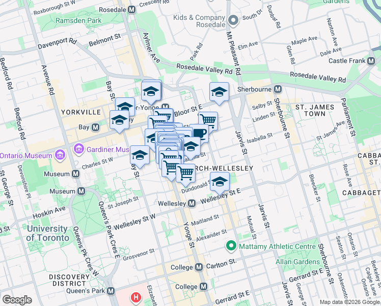 map of restaurants, bars, coffee shops, grocery stores, and more near in Toronto