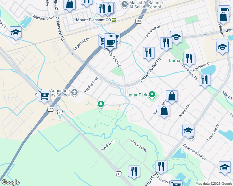 map of restaurants, bars, coffee shops, grocery stores, and more near 91 Banbridge Crescent in Brampton