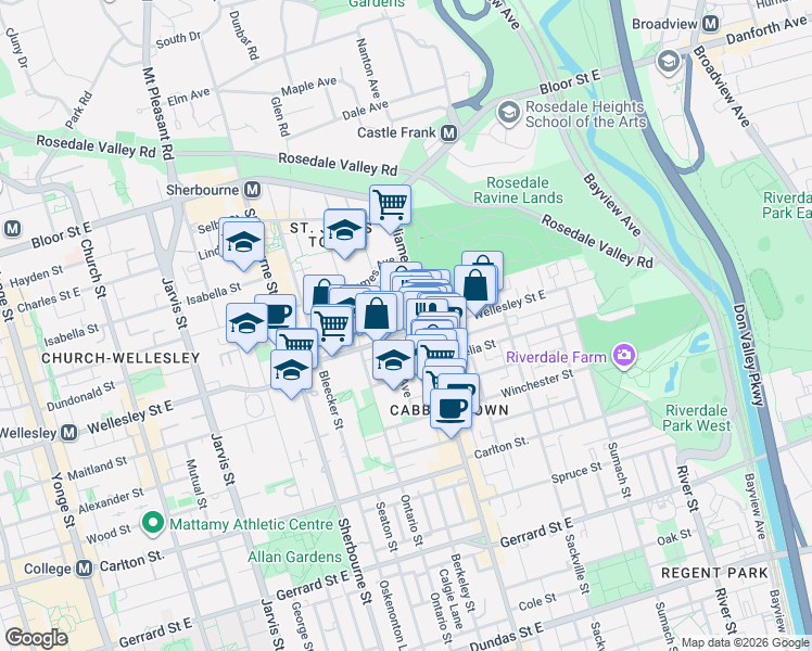 map of restaurants, bars, coffee shops, grocery stores, and more near 280 Wellesley Street East in Toronto