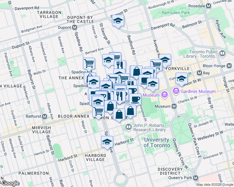 map of restaurants, bars, coffee shops, grocery stores, and more near 95 Prince Arthur Avenue in Toronto