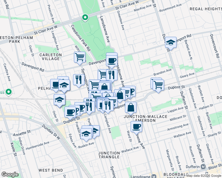 map of restaurants, bars, coffee shops, grocery stores, and more near 8 Foundry Avenue in Toronto