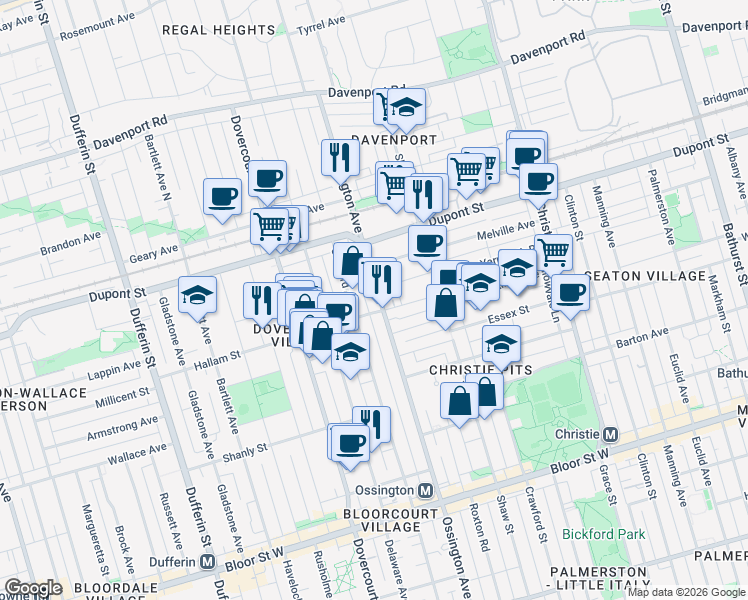 map of restaurants, bars, coffee shops, grocery stores, and more near 984 Ossington Avenue in Toronto