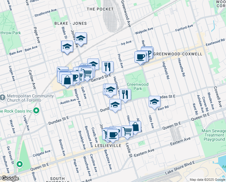 map of restaurants, bars, coffee shops, grocery stores, and more near 263 Leslie Street in Toronto
