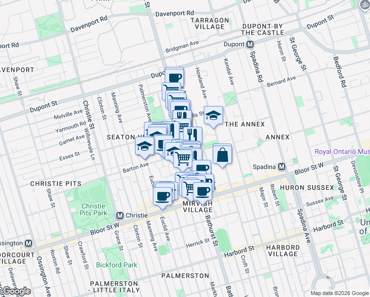 map of restaurants, bars, coffee shops, grocery stores, and more near 914 Bathurst Street in Toronto