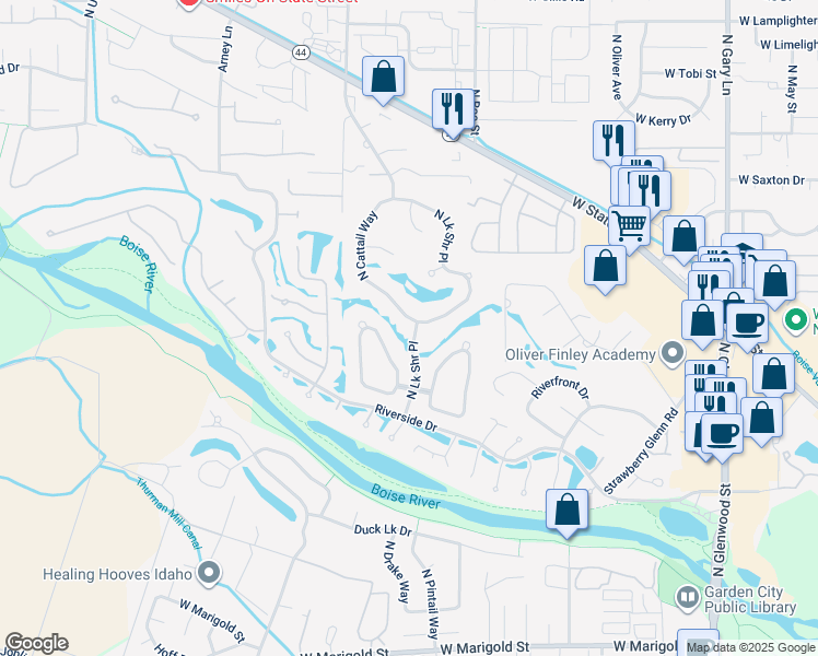 map of restaurants, bars, coffee shops, grocery stores, and more near 5248 North Blackbird Way in Garden City