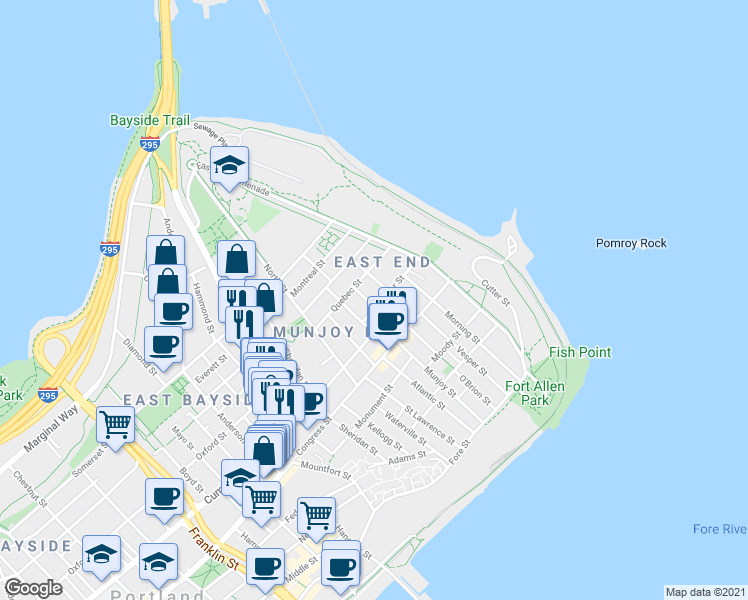 map of restaurants, bars, coffee shops, grocery stores, and more near 41 Merrill Street in Portland