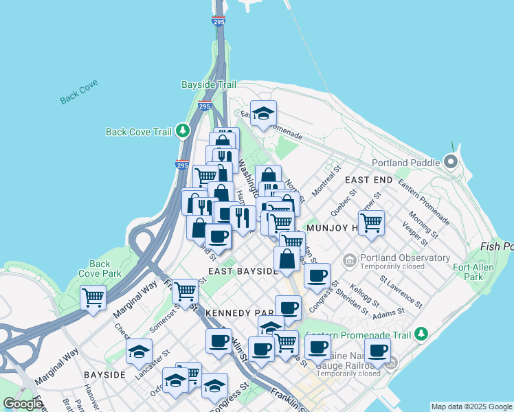 map of restaurants, bars, coffee shops, grocery stores, and more near 146 Washington Avenue in Portland