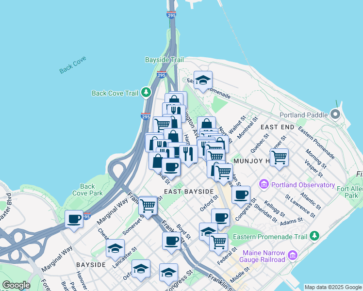 map of restaurants, bars, coffee shops, grocery stores, and more near 155 Anderson Street in Portland