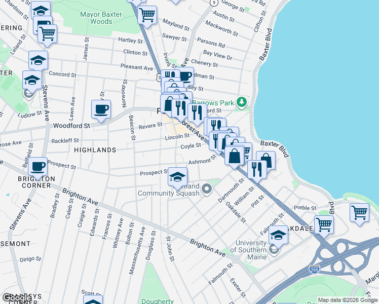 map of restaurants, bars, coffee shops, grocery stores, and more near 41 Ashmont Street in Portland