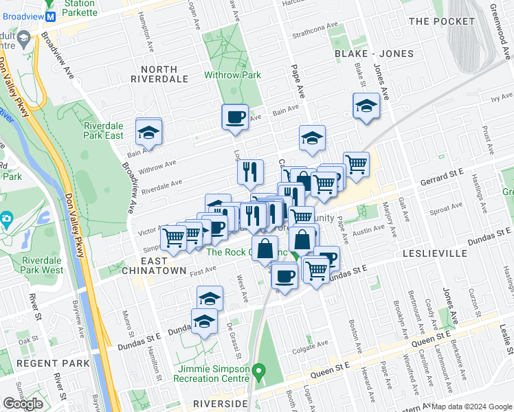 map of restaurants, bars, coffee shops, grocery stores, and more near in Toronto