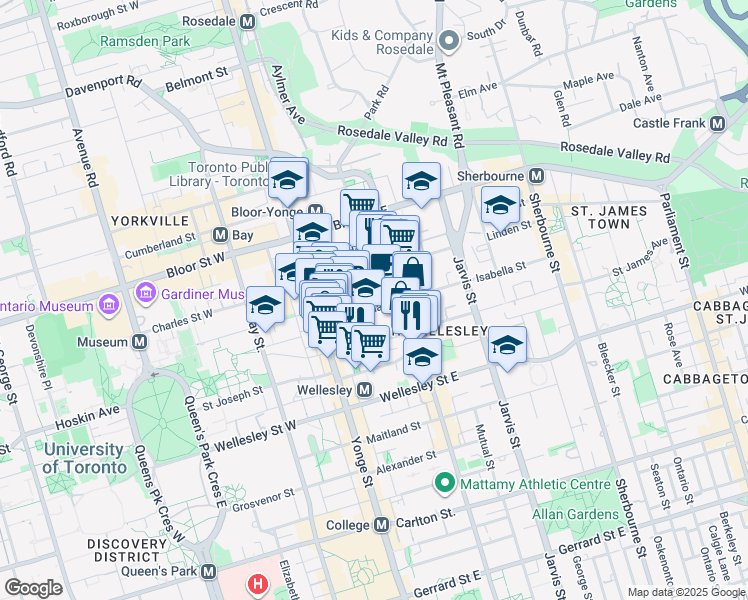 map of restaurants, bars, coffee shops, grocery stores, and more near 55 Isabella Street in Toronto