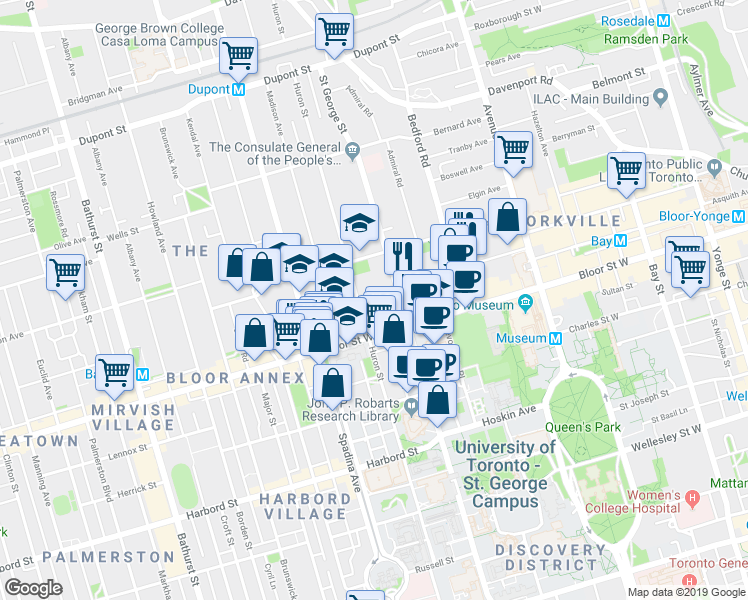 map of restaurants, bars, coffee shops, grocery stores, and more near 280 Bloor Street West in Toronto