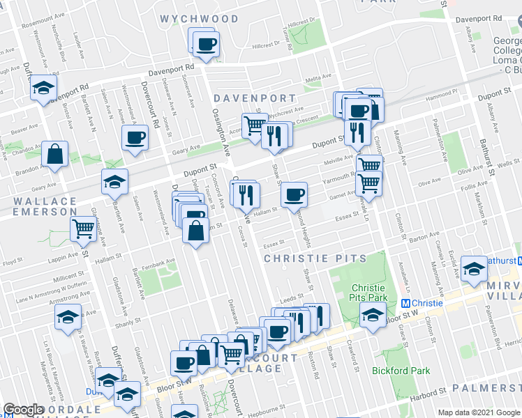 map of restaurants, bars, coffee shops, grocery stores, and more near in Toronto
