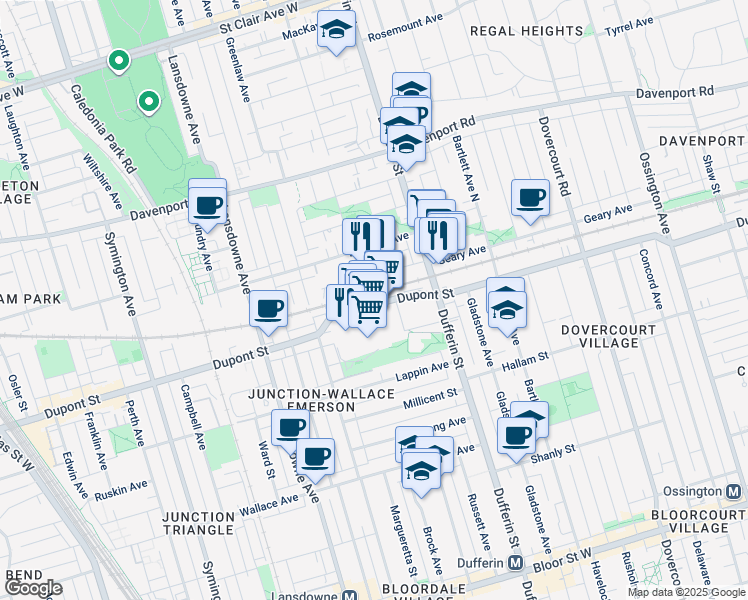 map of restaurants, bars, coffee shops, grocery stores, and more near in Toronto