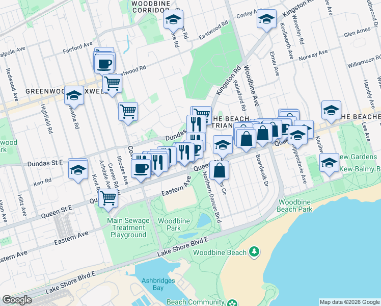 map of restaurants, bars, coffee shops, grocery stores, and more near 10 Kingston Road in Toronto