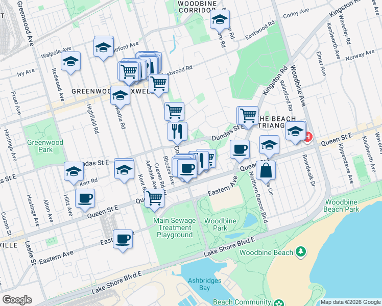 map of restaurants, bars, coffee shops, grocery stores, and more near 12 Ashland Avenue in Toronto