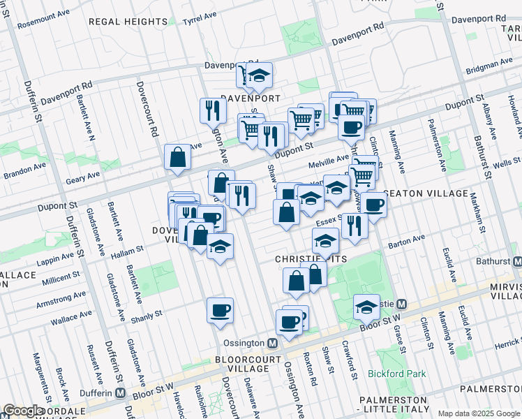 map of restaurants, bars, coffee shops, grocery stores, and more near 26 Hallam Street in Toronto