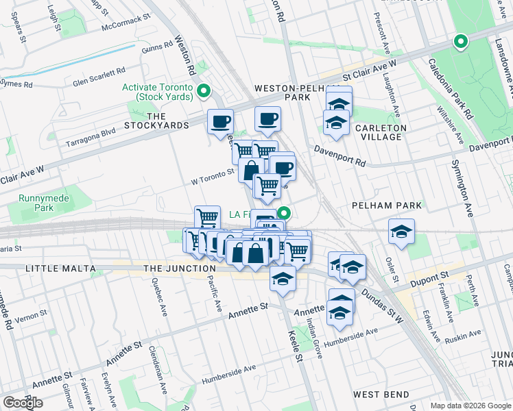 map of restaurants, bars, coffee shops, grocery stores, and more near 467 Keele Street in Toronto