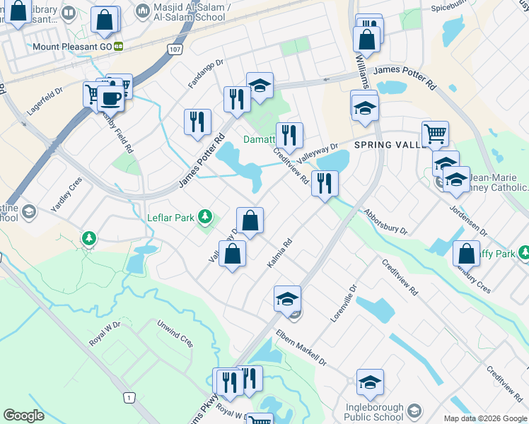 map of restaurants, bars, coffee shops, grocery stores, and more near 14 Cirillo Street in Brampton