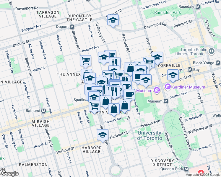 map of restaurants, bars, coffee shops, grocery stores, and more near 95 Prince Arthur Avenue in Toronto