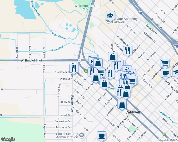 map of restaurants, bars, coffee shops, grocery stores, and more near 217 Cleveland Boulevard in Caldwell