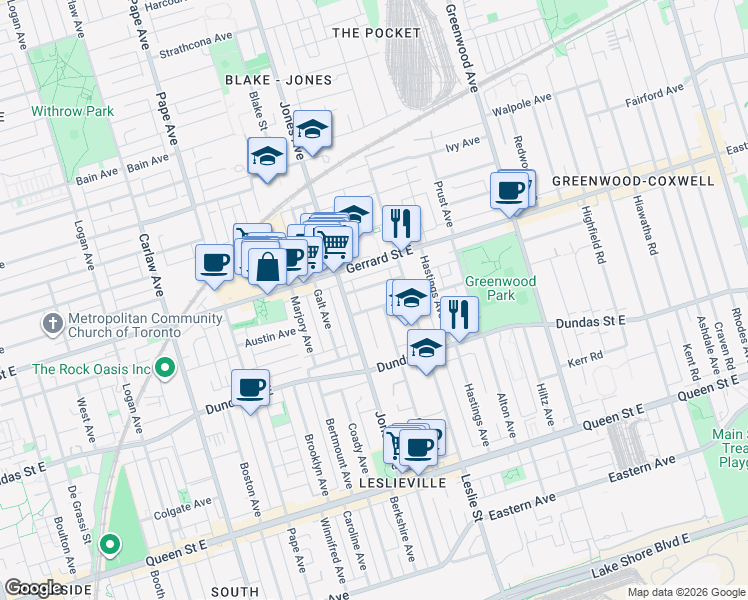 map of restaurants, bars, coffee shops, grocery stores, and more near 28 Sproat Avenue in Toronto