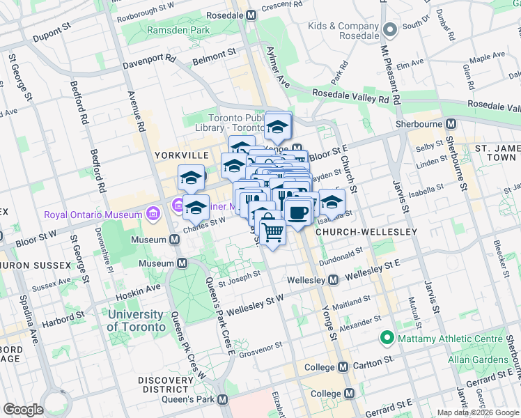 map of restaurants, bars, coffee shops, grocery stores, and more near 47 Charles Street West in Toronto