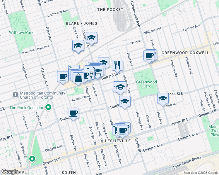 map of restaurants, bars, coffee shops, grocery stores, and more near 28 Sproat Avenue in Toronto