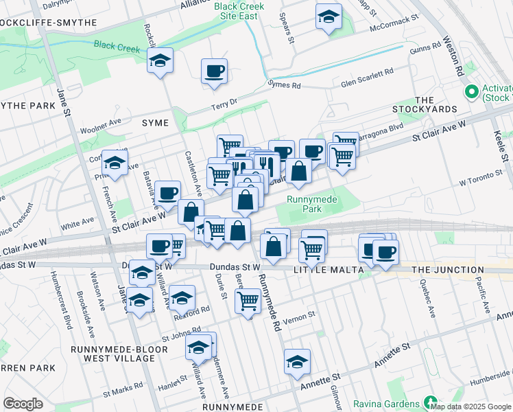 map of restaurants, bars, coffee shops, grocery stores, and more near 348 Ryding Avenue in Toronto