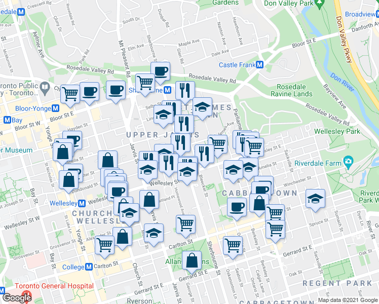 map of restaurants, bars, coffee shops, grocery stores, and more near 561 Sherbourne Street in Toronto