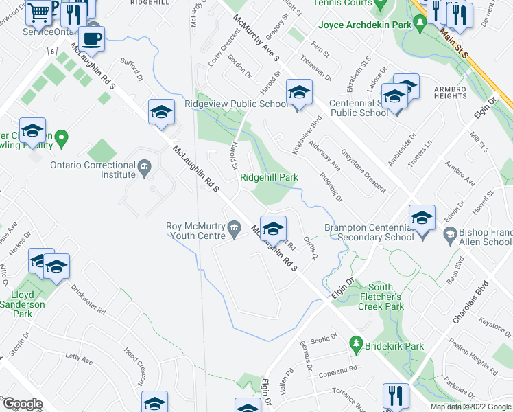 map of restaurants, bars, coffee shops, grocery stores, and more near 18 Curtis Drive in Brampton