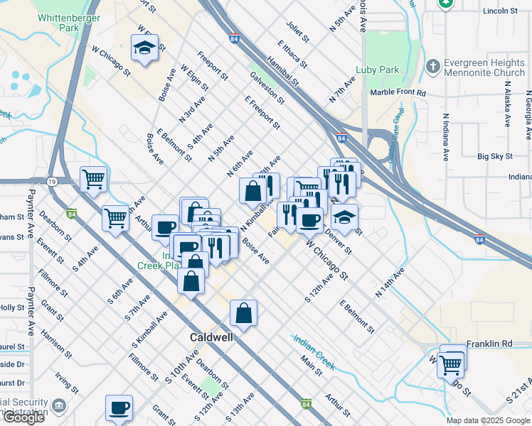 map of restaurants, bars, coffee shops, grocery stores, and more near 318 North Kimball Avenue in Caldwell