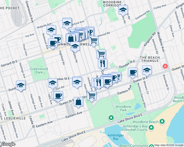 map of restaurants, bars, coffee shops, grocery stores, and more near 153 Craven Road in Toronto
