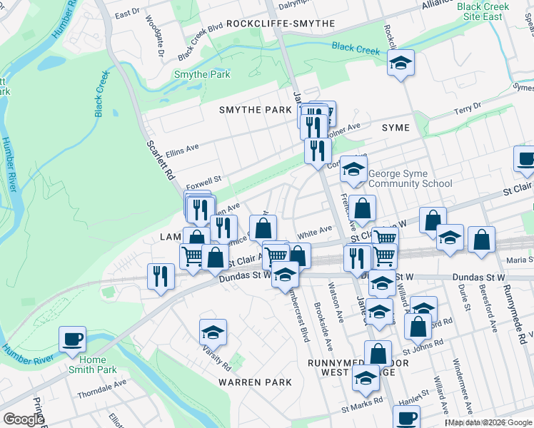 map of restaurants, bars, coffee shops, grocery stores, and more near in Toronto