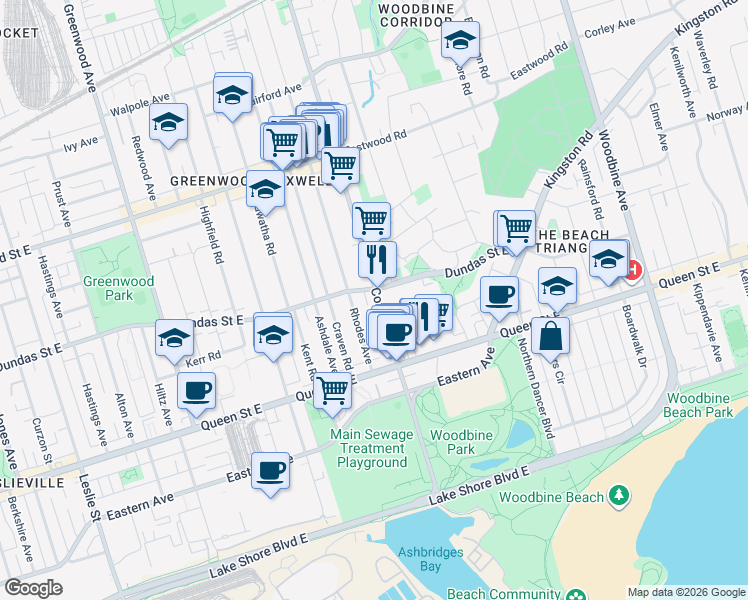 map of restaurants, bars, coffee shops, grocery stores, and more near 74C Coxwell Avenue in Toronto
