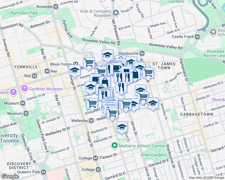 map of restaurants, bars, coffee shops, grocery stores, and more near 89 Isabella Street in Toronto