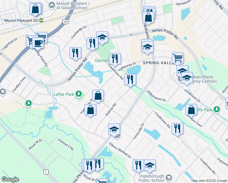 map of restaurants, bars, coffee shops, grocery stores, and more near 31 Walbrook Road in Brampton