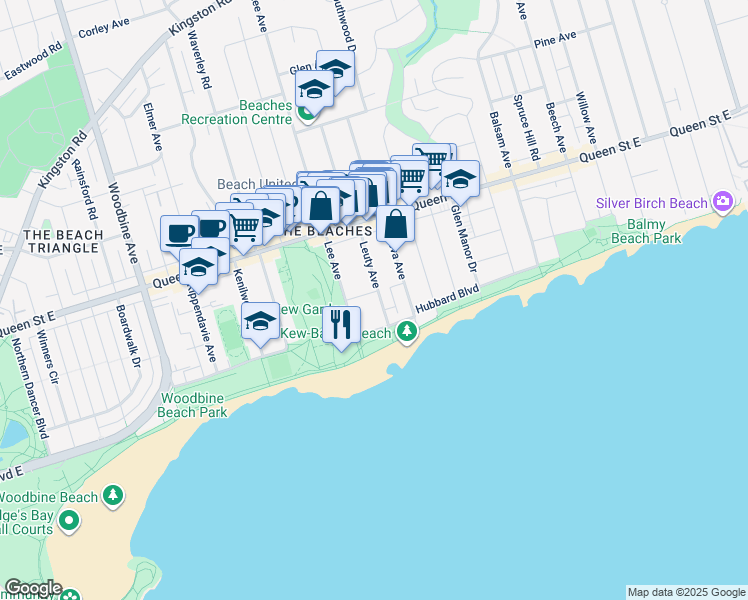 map of restaurants, bars, coffee shops, grocery stores, and more near 38 Leuty Avenue in Toronto