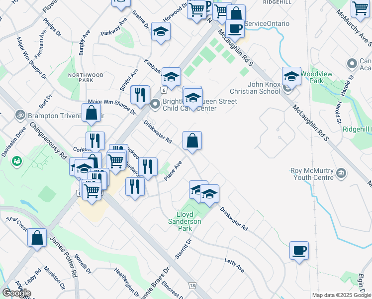 map of restaurants, bars, coffee shops, grocery stores, and more near 225 Drinkwater Road in Brampton