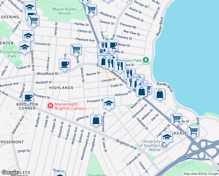 map of restaurants, bars, coffee shops, grocery stores, and more near 471 Deering Avenue in Portland