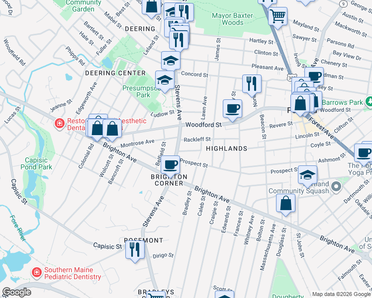 map of restaurants, bars, coffee shops, grocery stores, and more near 28 Belknap Street in Portland
